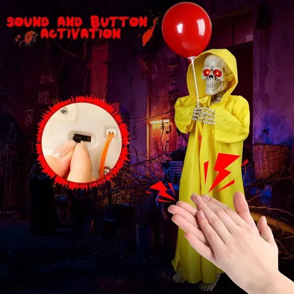Terrifying Life-Size Animated Skeleton with Red Balloon – Halloween Outdoor Prop